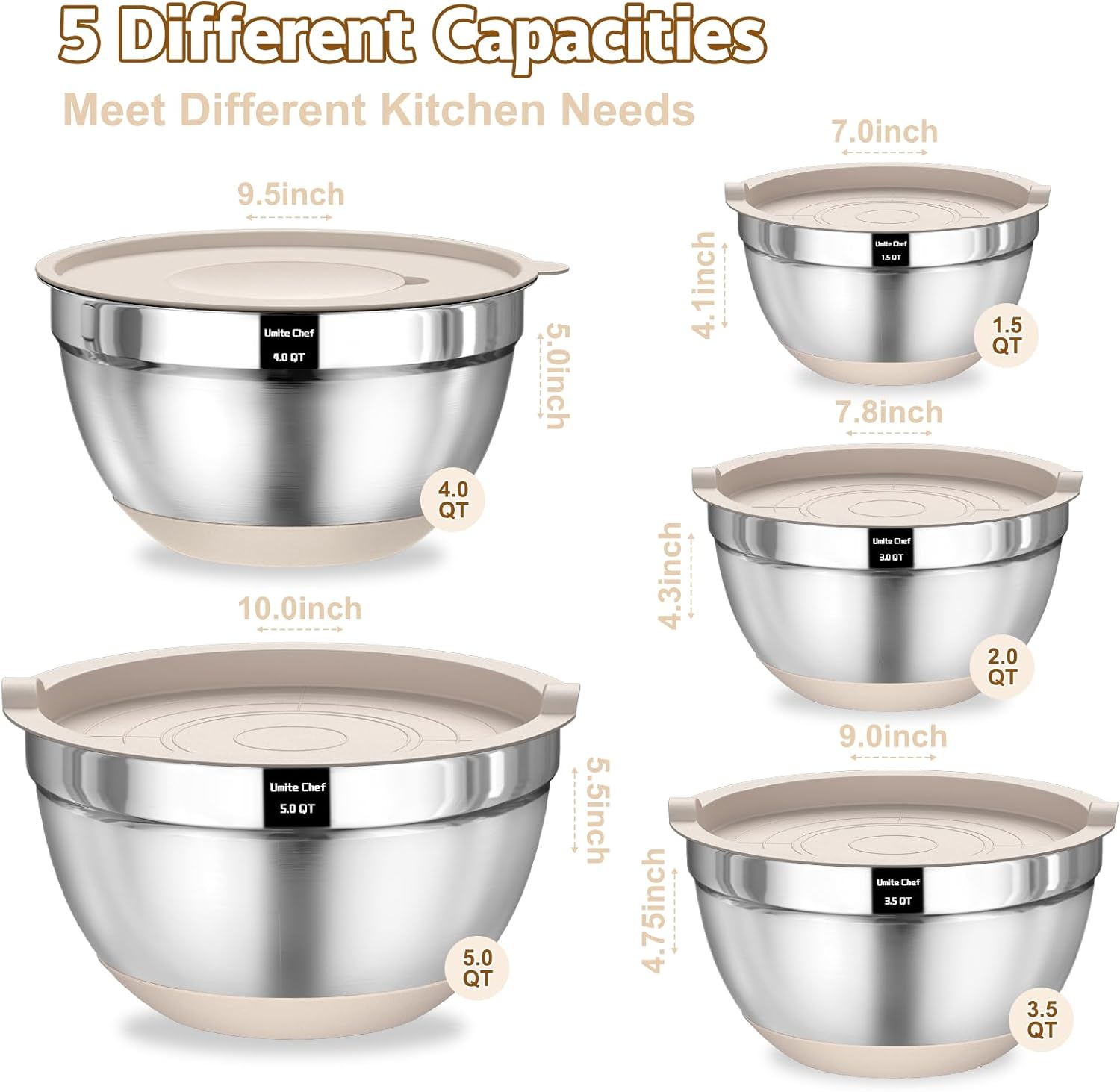 Umite Chef 8-Piece Stainless Steel Nesting Mixing Bowls with Airtight Lids & Grater Set Zevon