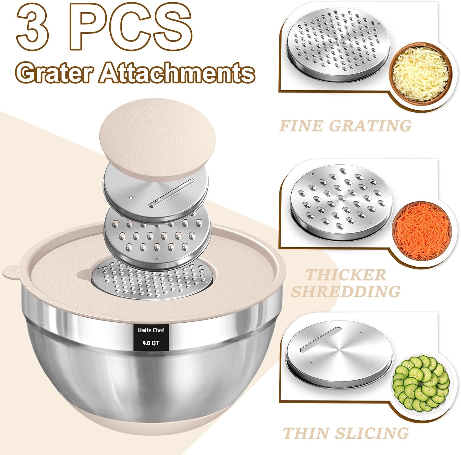 Umite Chef 8-Piece Stainless Steel Nesting Mixing Bowls with Airtight Lids & Grater Set Zevon