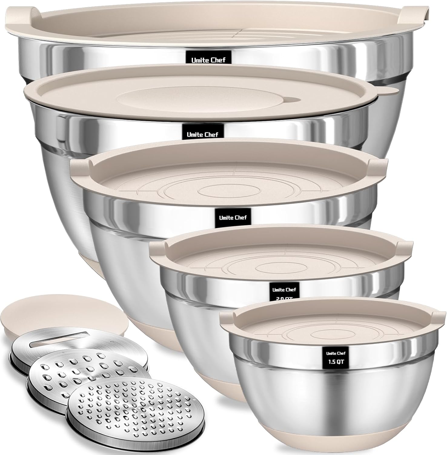 Umite Chef 8-Piece Stainless Steel Nesting Mixing Bowls with Airtight Lids & Grater Set Zevon