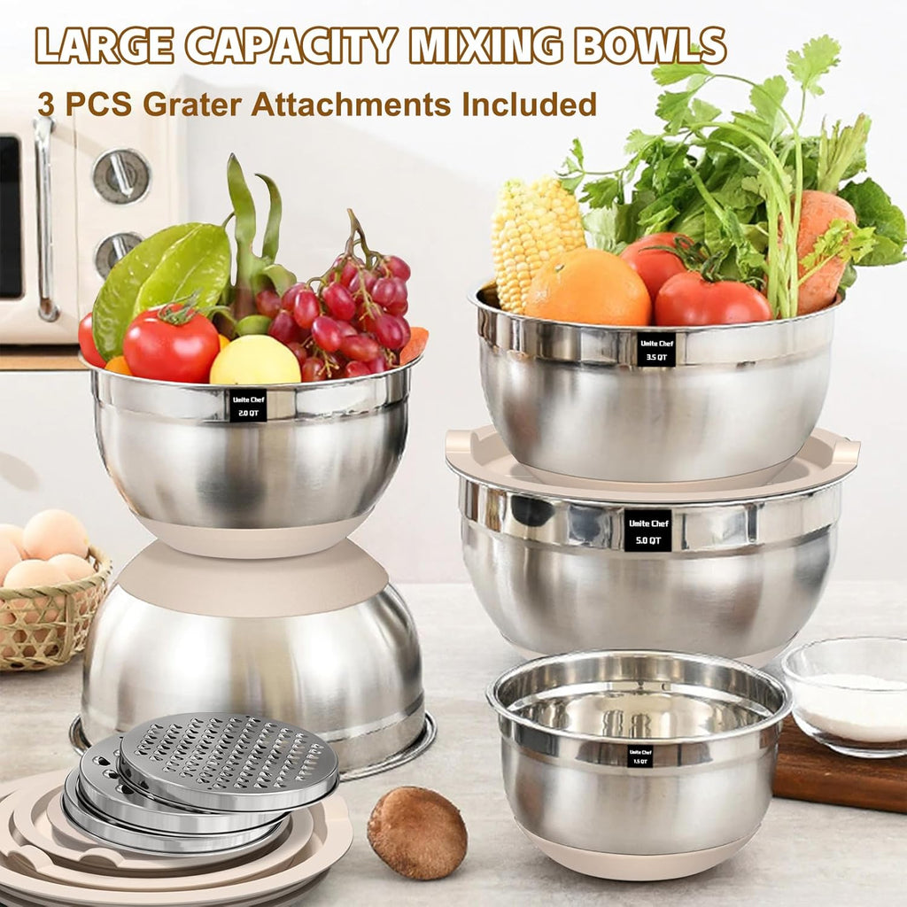 Umite Chef 8-Piece Stainless Steel Nesting Mixing Bowls with Airtight Lids & Grater Set Zevon