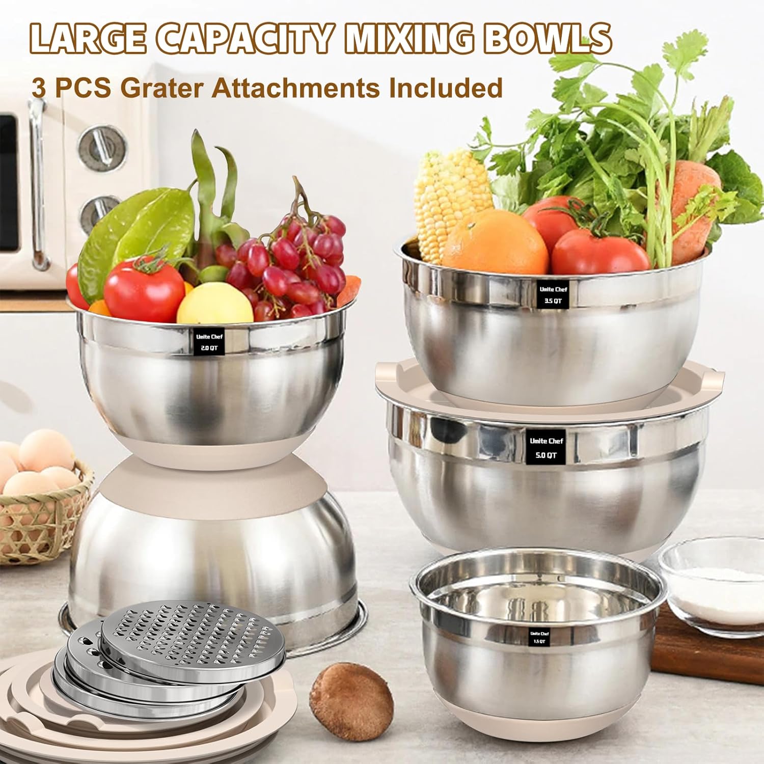 Umite Chef 8-Piece Stainless Steel Nesting Mixing Bowls with Airtight Lids & Grater Set Zevon