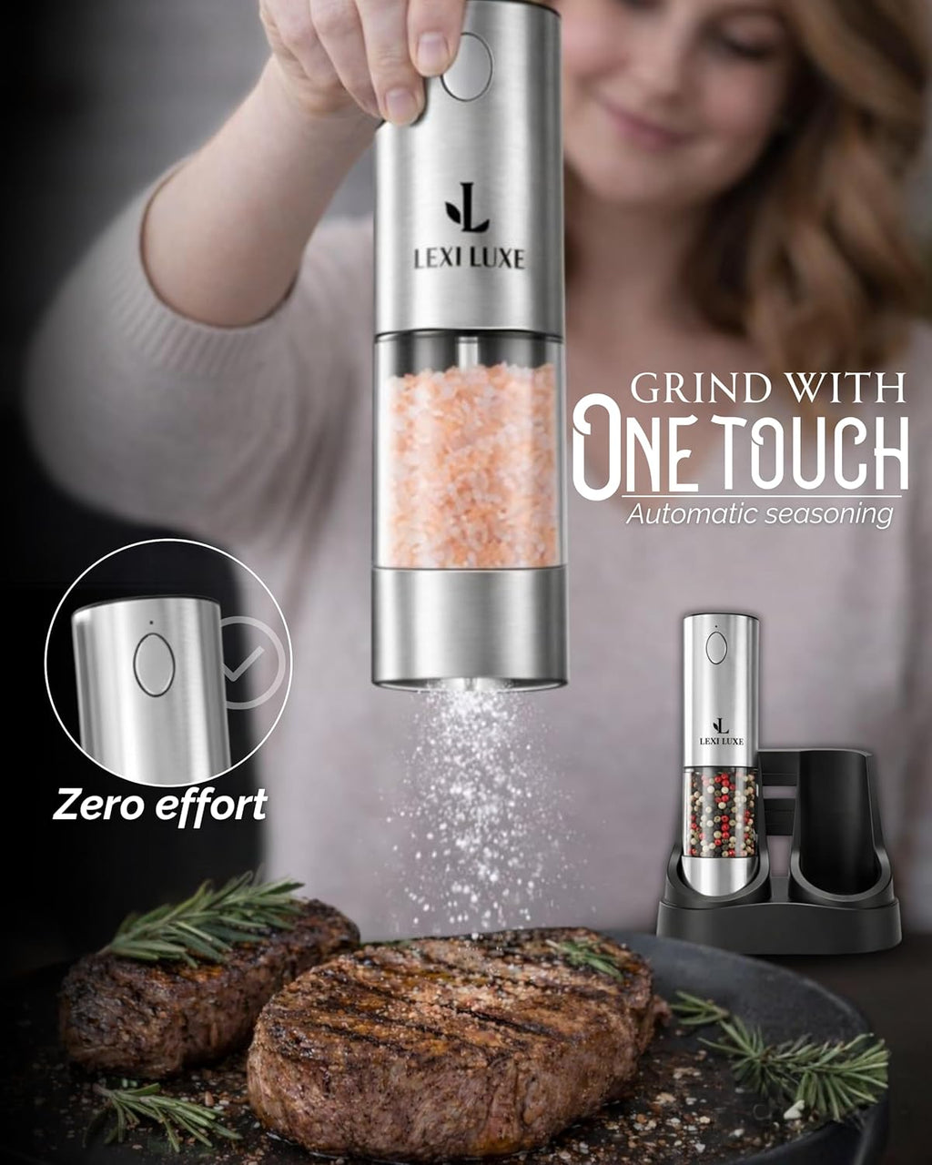 Electric Salt and Pepper Grinder Rechargeable Automatic Stainless Steel Mill Set Zevon
