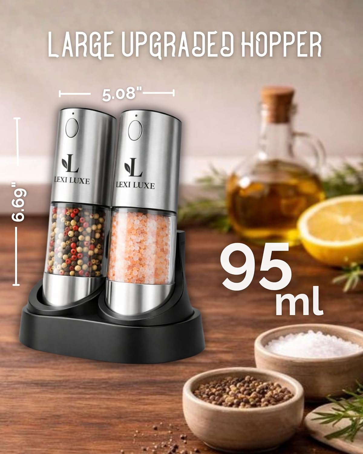 Electric Salt and Pepper Grinder Rechargeable Automatic Stainless Steel Mill Set Zevon