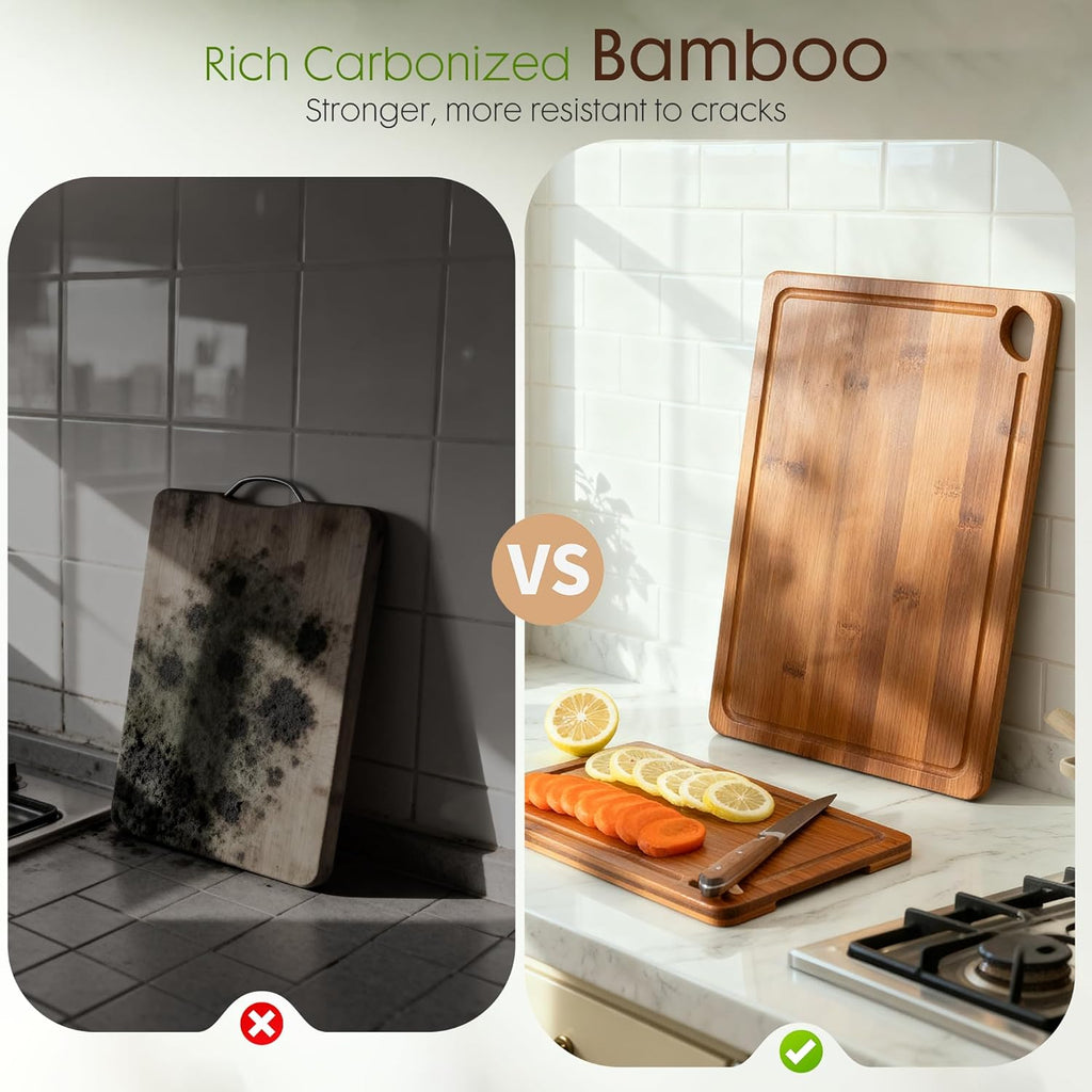 Bamboo Cutting Board Set with Wood Storage Stand & Reversible Juice Groove Charcuterie Boards Zevon