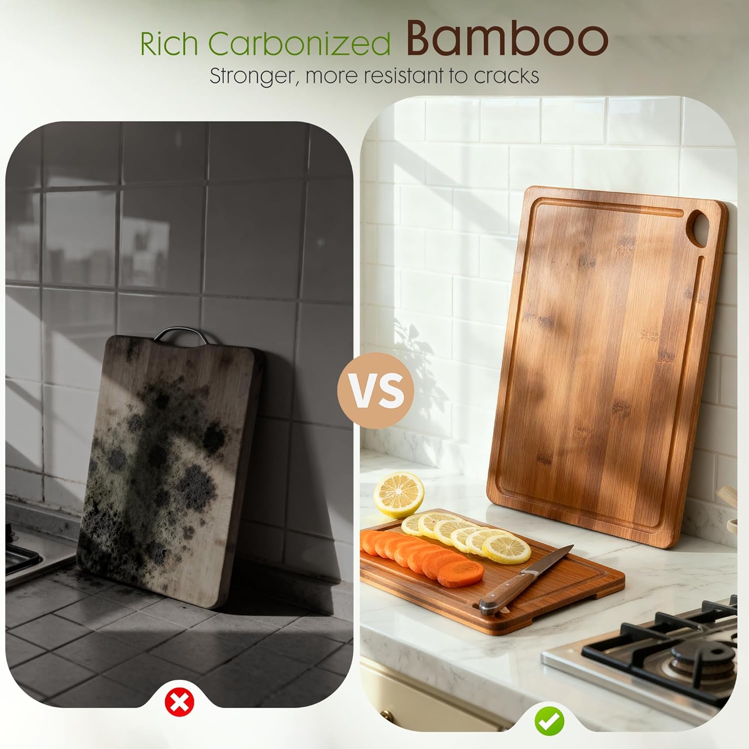 Bamboo Cutting Board Set with Wood Storage Stand & Reversible Juice Groove Charcuterie Boards Zevon