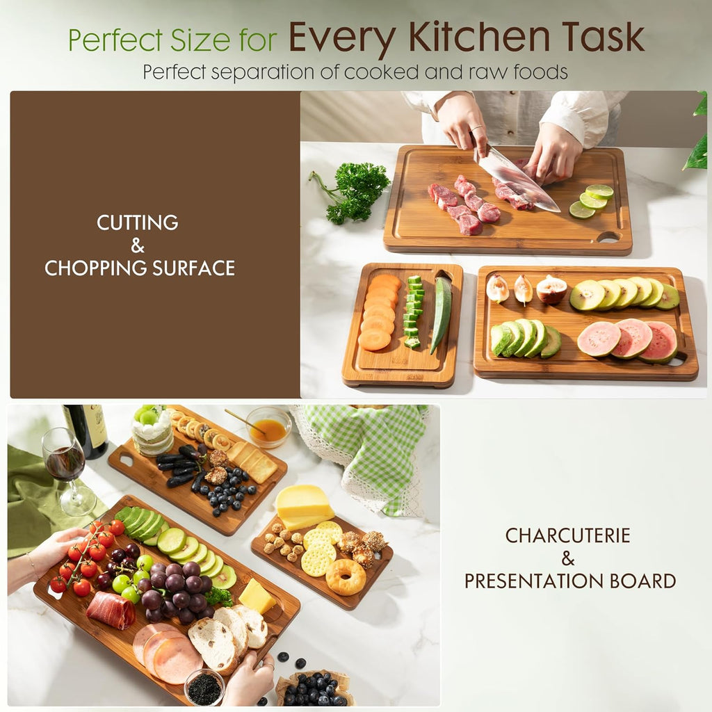 Bamboo Cutting Board Set with Wood Storage Stand & Reversible Juice Groove Charcuterie Boards Zevon