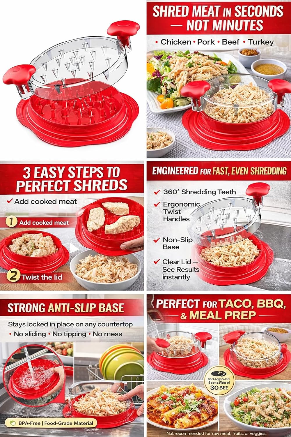 Twist Chicken Shredder Tool with Anti-Slip Base & Transparent Lid Kitchen Accessories Zevon