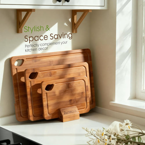 Bamboo Cutting Board Set with Wood Storage Stand & Reversible Juice Groove Charcuterie Boards Zevon
