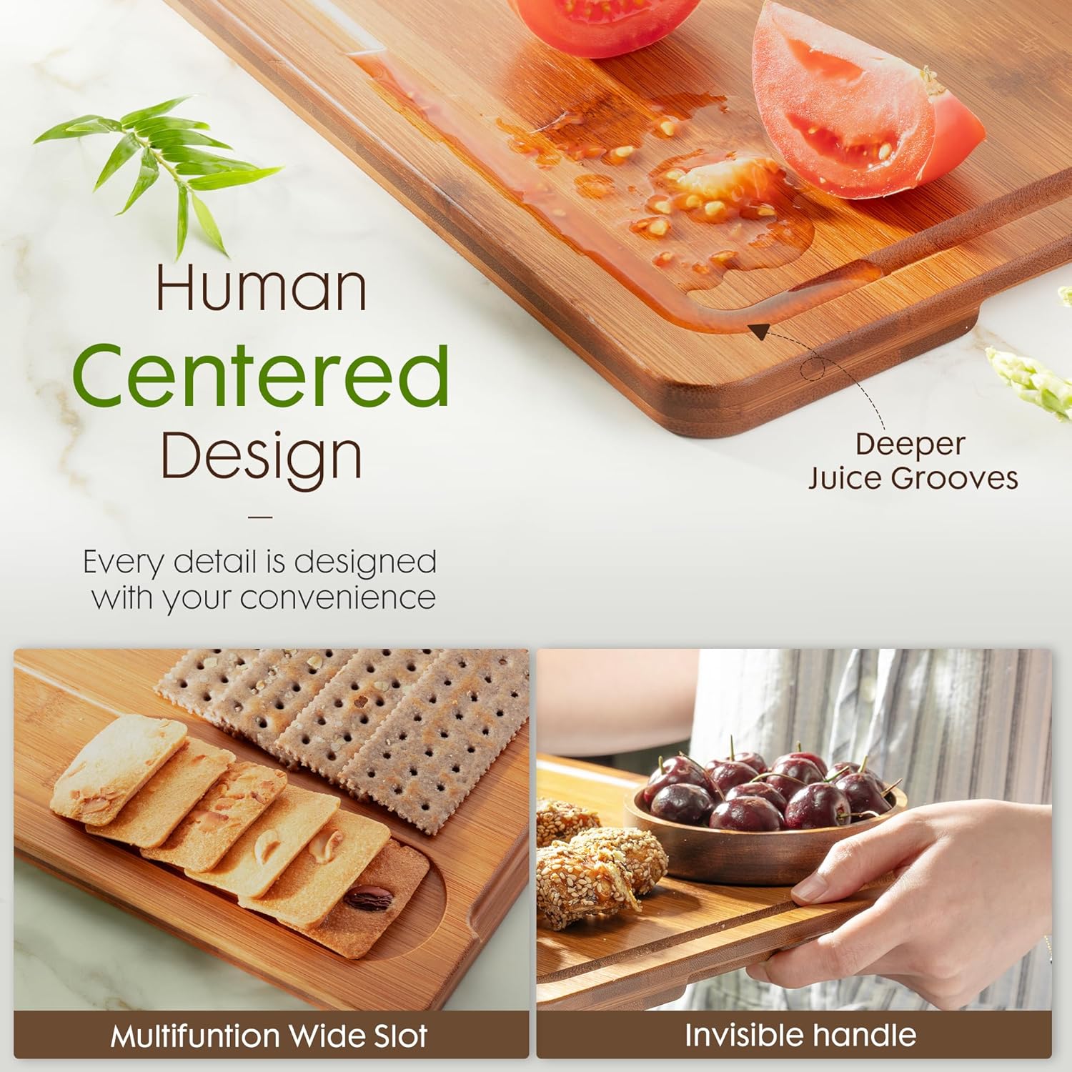 Bamboo Cutting Board Set with Wood Storage Stand & Reversible Juice Groove Charcuterie Boards Zevon
